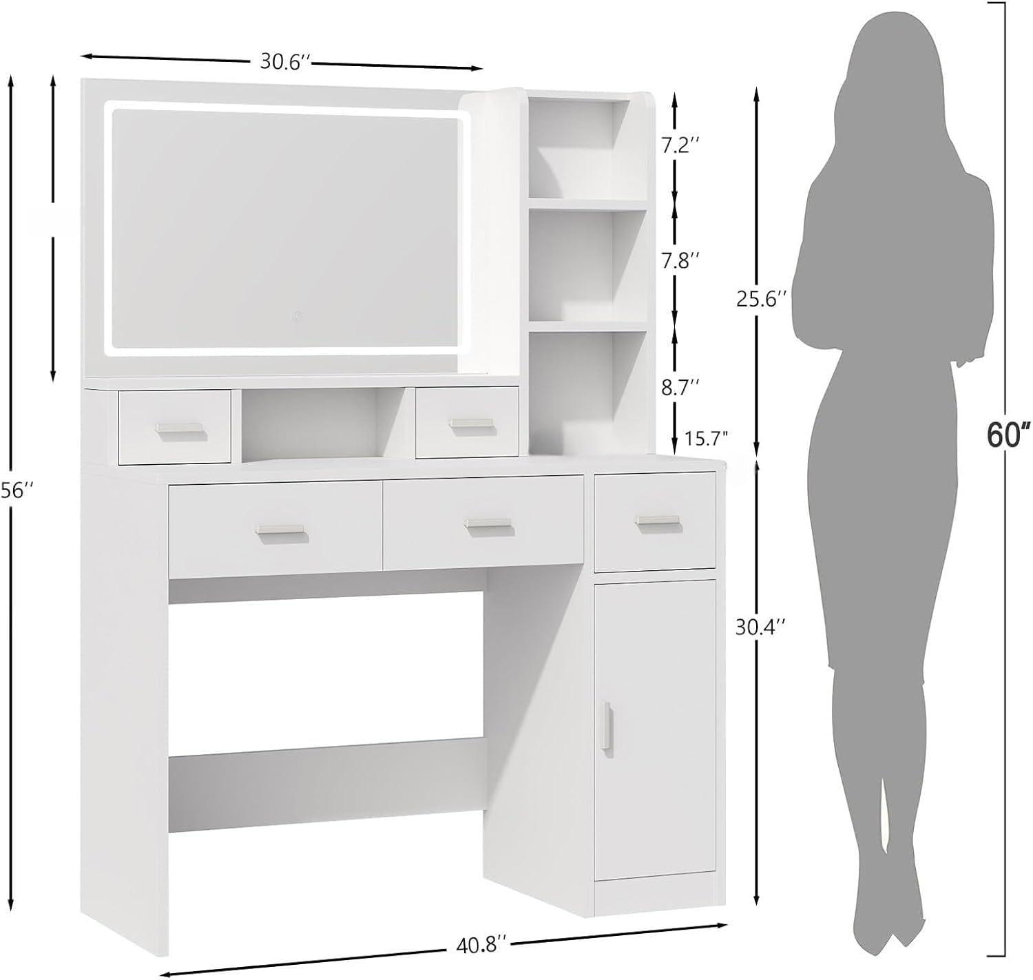 Vanity Desk with Large LED Mirror, Large Vanity Table with Charging Station, Makeup Vanity Desk with Drawers for Bedroom Dressing Room, Women Girls