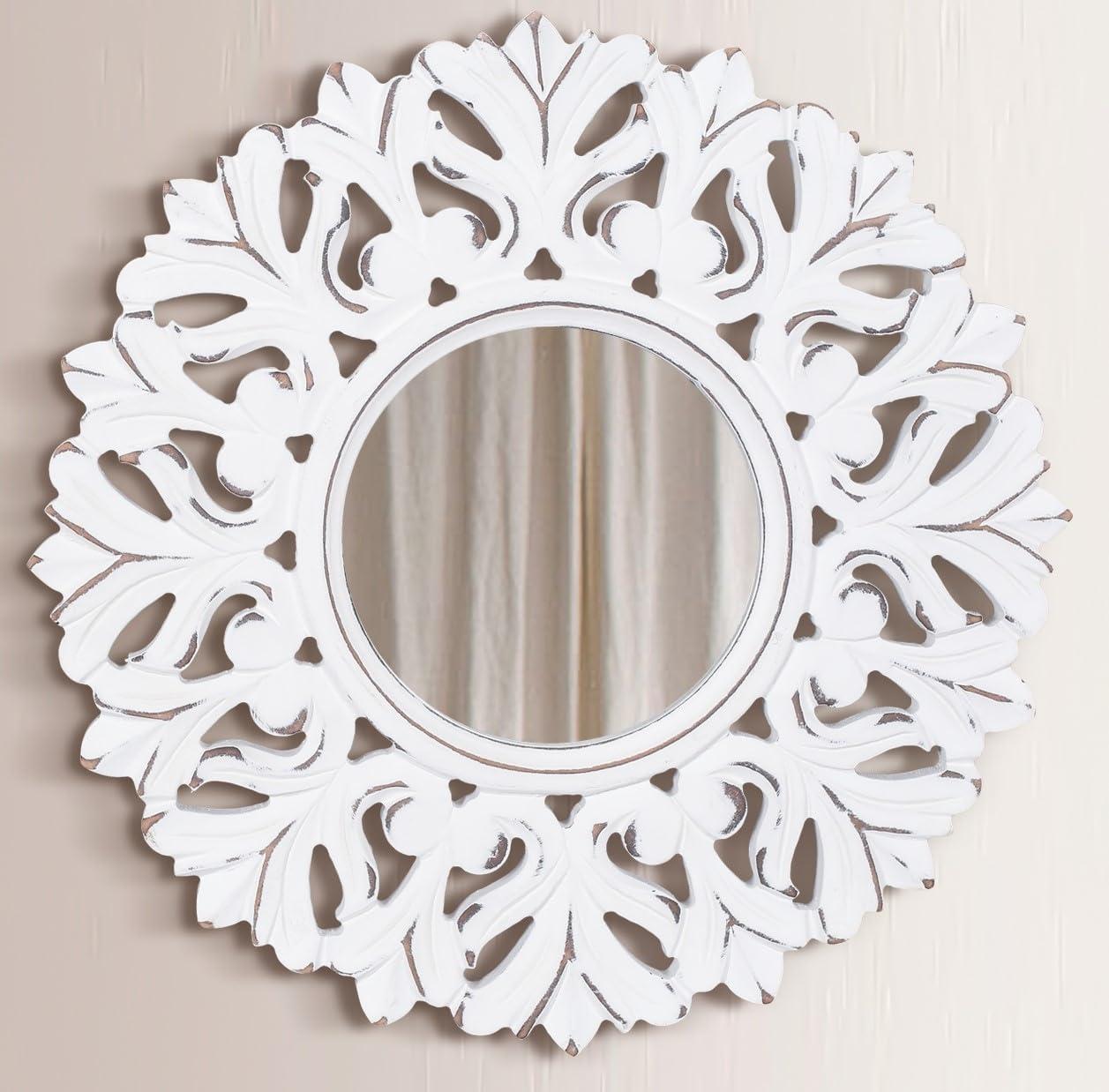 Rustic Carved Round Wall Mirror - 23.5"Dia. - White