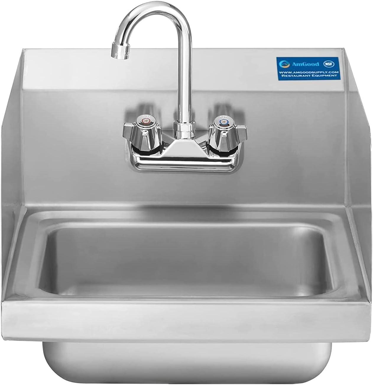 Tangkula Stainless Steel Sink NSF Wall Mount Hand Washing Sink with Faucet & Side Splash