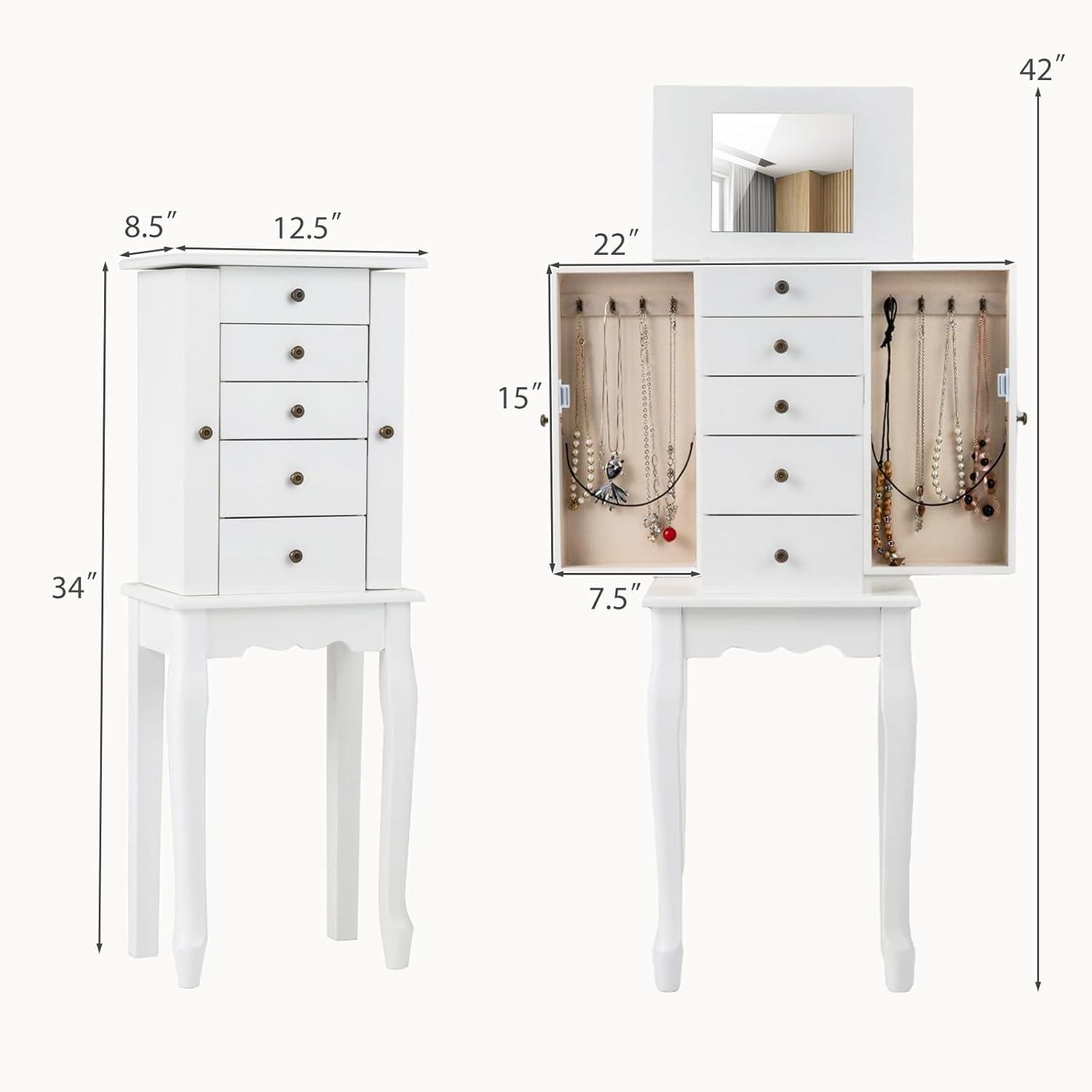 Standing Jewelry Cabinet Armoire with Top Flip Mirror, Jewelry Box Chest with 4 Drawers, Top Compartments, 8 Necklace Hooks and 2 Side Doors, White