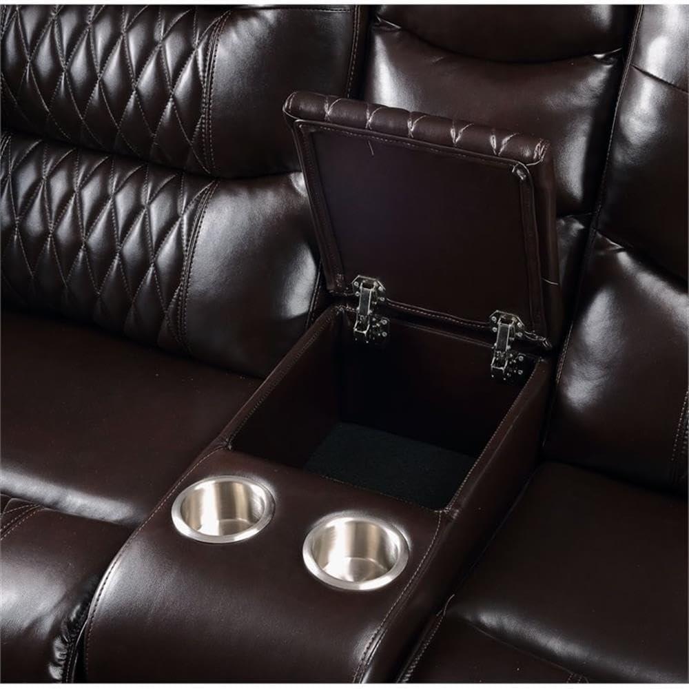78" Braylon Active Sitting Chair Brown PU - Acme Furniture: Loveseat with Console & Cup Holders