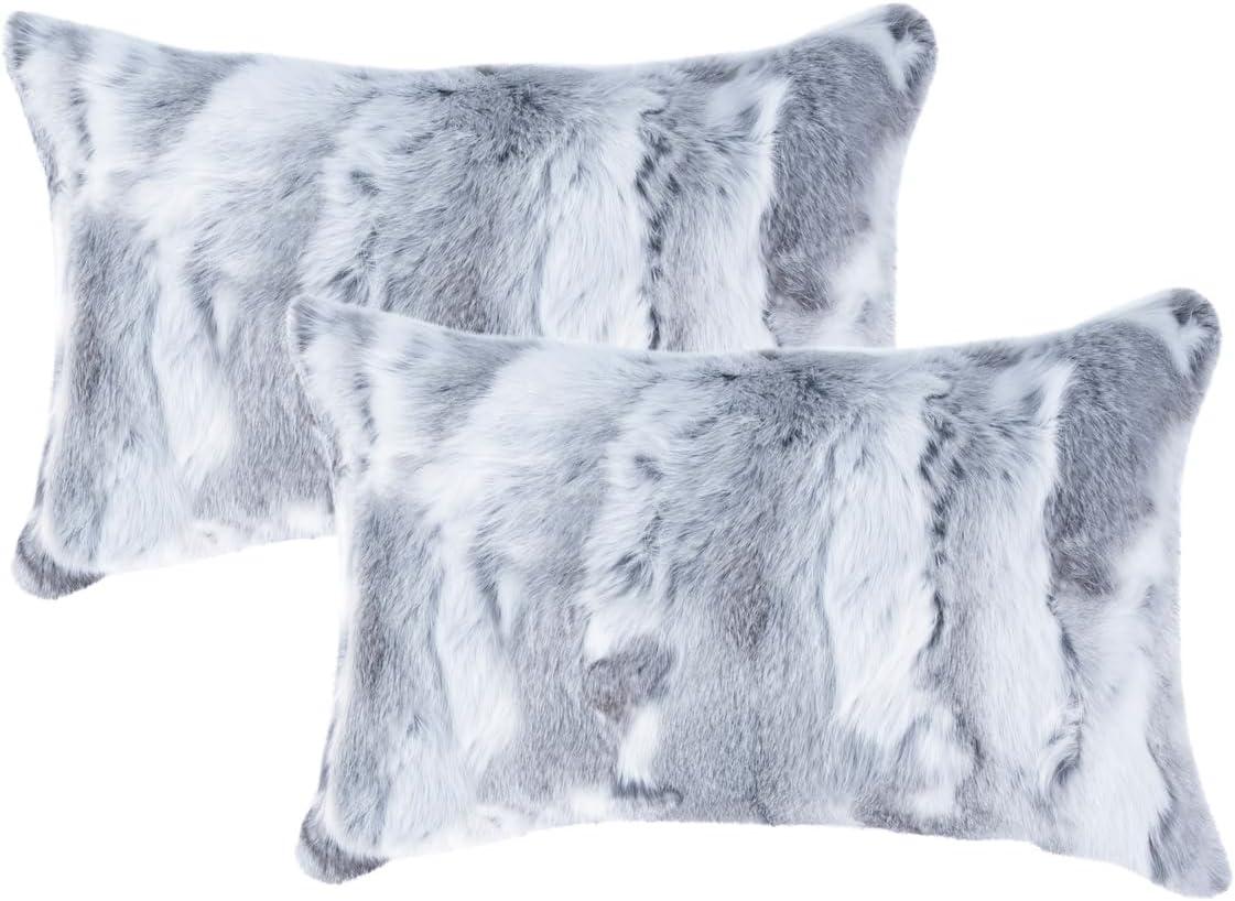 Set of 2 Gray Rabbit Fur Throw Pillow Covers with Soft Poly Inserts
