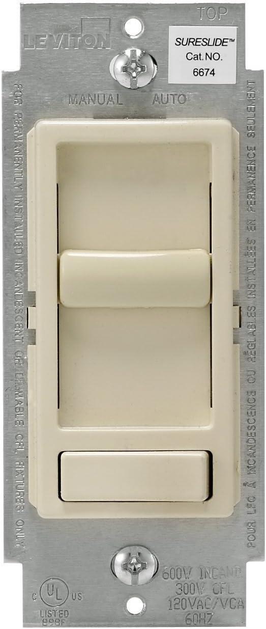 Leviton 6674-P0T SureSlide Universal 150-Watt LED and CFL/600-Watt Incandescent Dimmer, Light Almond