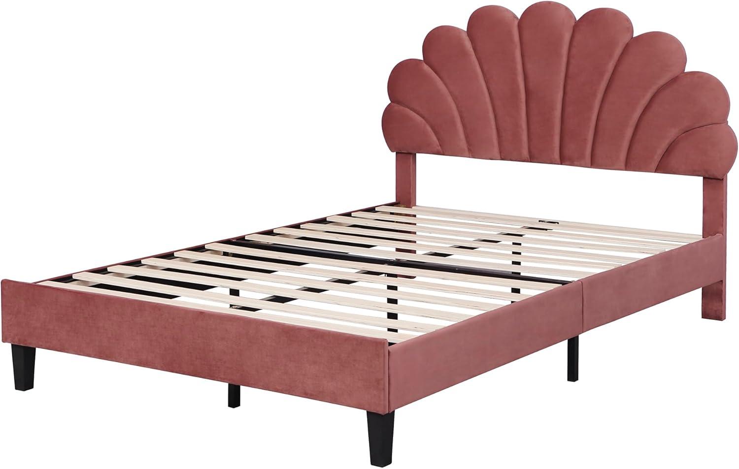Harper & Bright Designs Full Size Upholstered Platform Bed Frame with Flower Pattern Velvet Headboard, Bean paste red