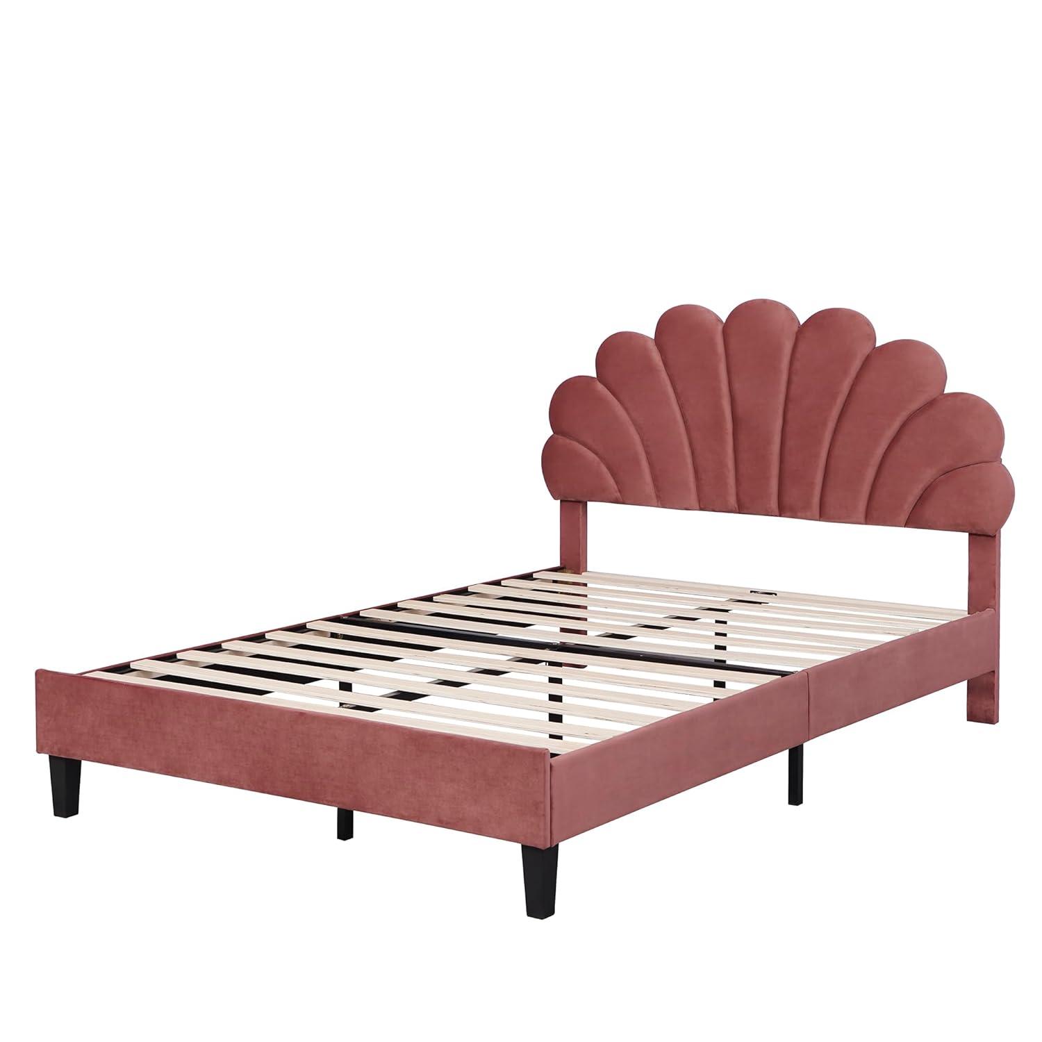 Harper & Bright Designs Full Size Upholstered Platform Bed Frame with Flower Pattern Velvet Headboard, Bean paste red