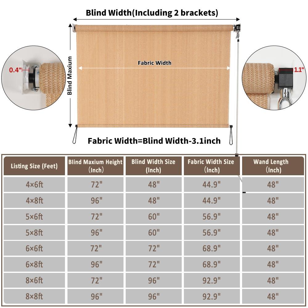 SMONTER Outdoor Sunshade Roller Shade 6'W x 6'H (72" Wx72 H), Exterior Cordless Roll Up Shades Blinds, UV Protection Shade Cloth with Crank Operation for Outside Windows Patio Porch Gazebo, Walnut
