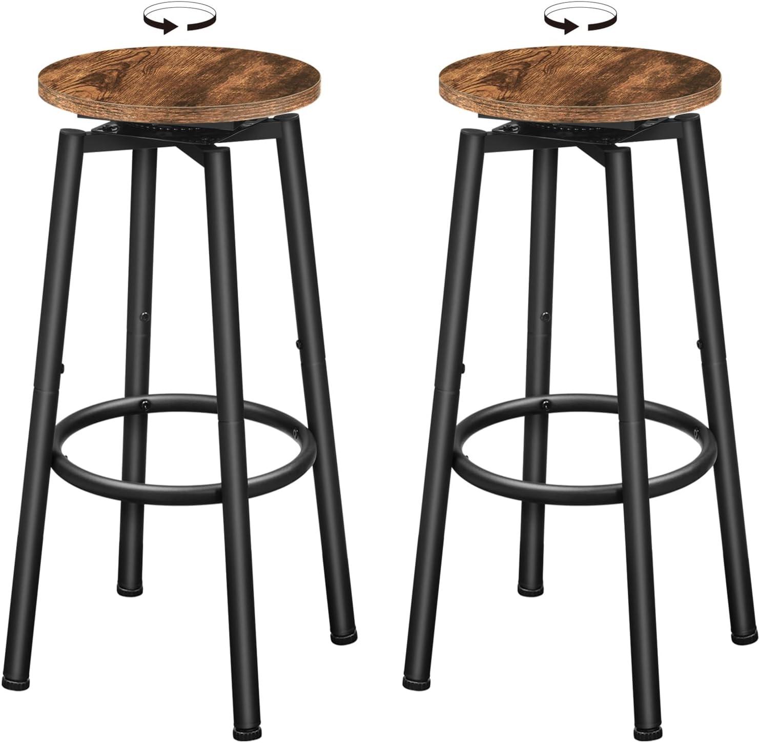 Rustic Brown and Black Solid Wood Round Bar Stools, Set of 2