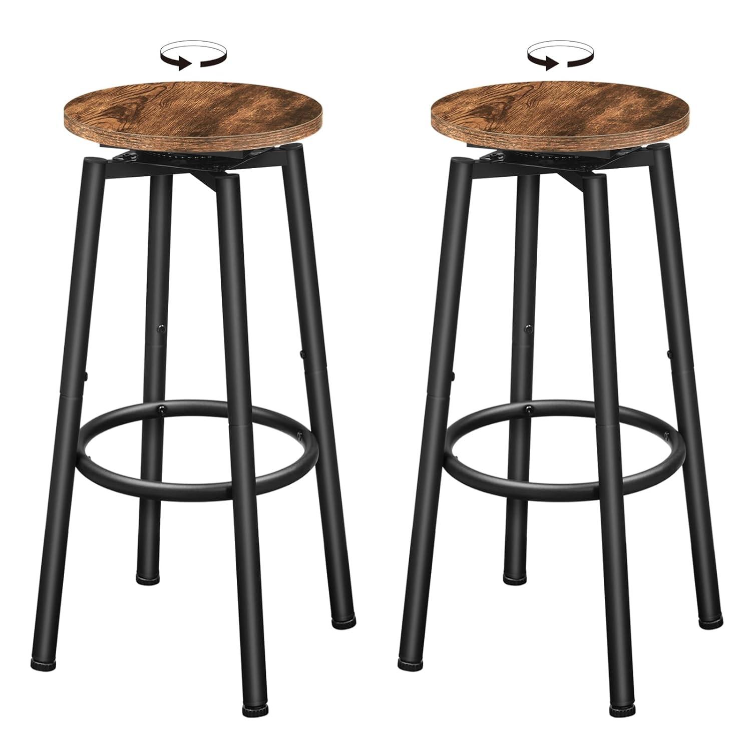 HOOBRO Bar Stools, Swivel Bar Stools Set of 2, 24.9" Round Bar Chairs, Backless Modern Breakfast Chairs, with Adjustable Feet, for Kitchen Islands, Bar, Cafe, Rustic Brown and Black BF24BY01