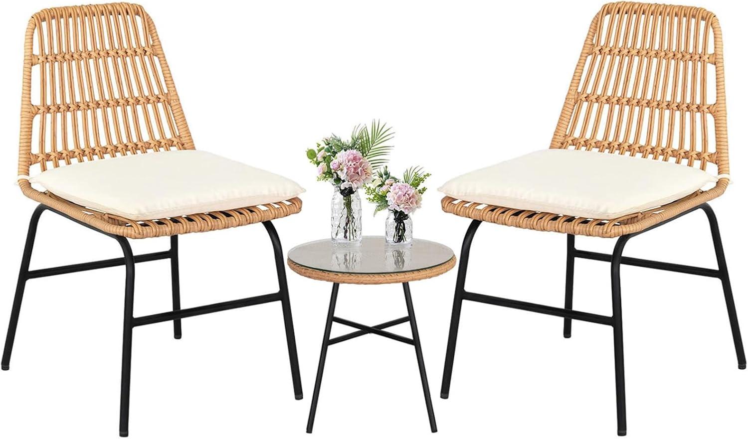 Black Steel and Wicker 3-Piece Patio Bistro Set with Beige Cushions