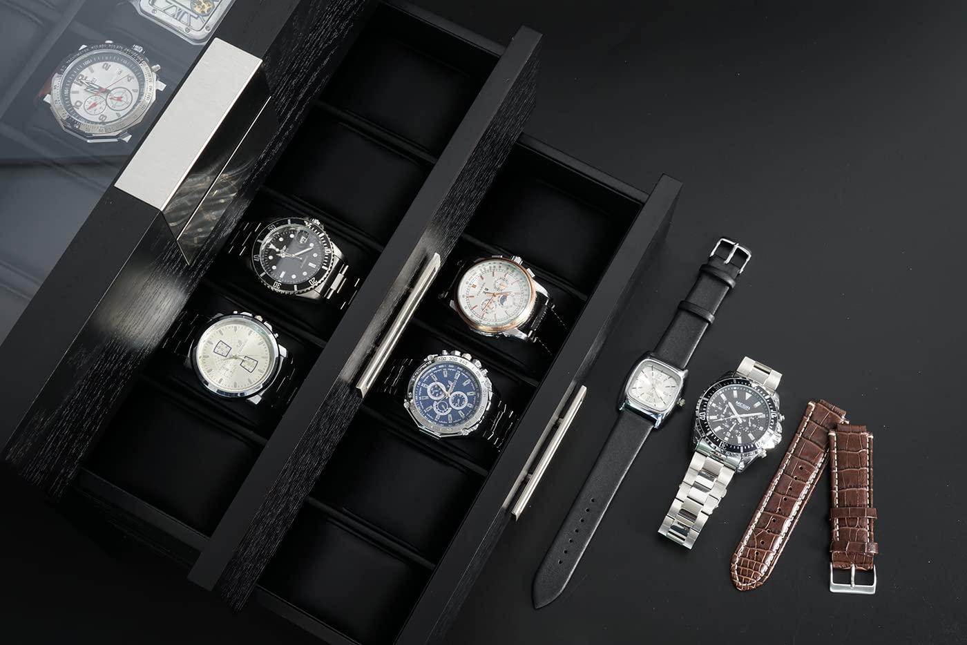 30-Piece Black Ebony Wood Watch Extra Height Clearance Display Case and 3 Drawer Storage Organizer Box