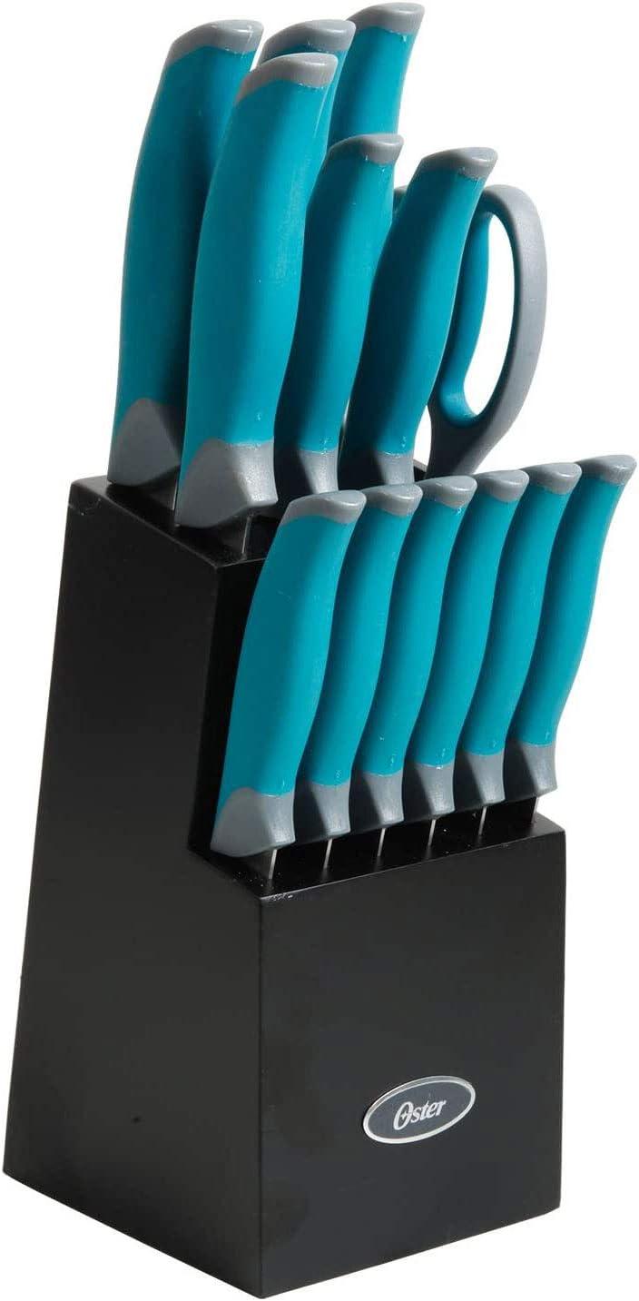 Oster Lindbergh 14 Piece Stainless Steel Cutlery Set in Teal with Wooden Block