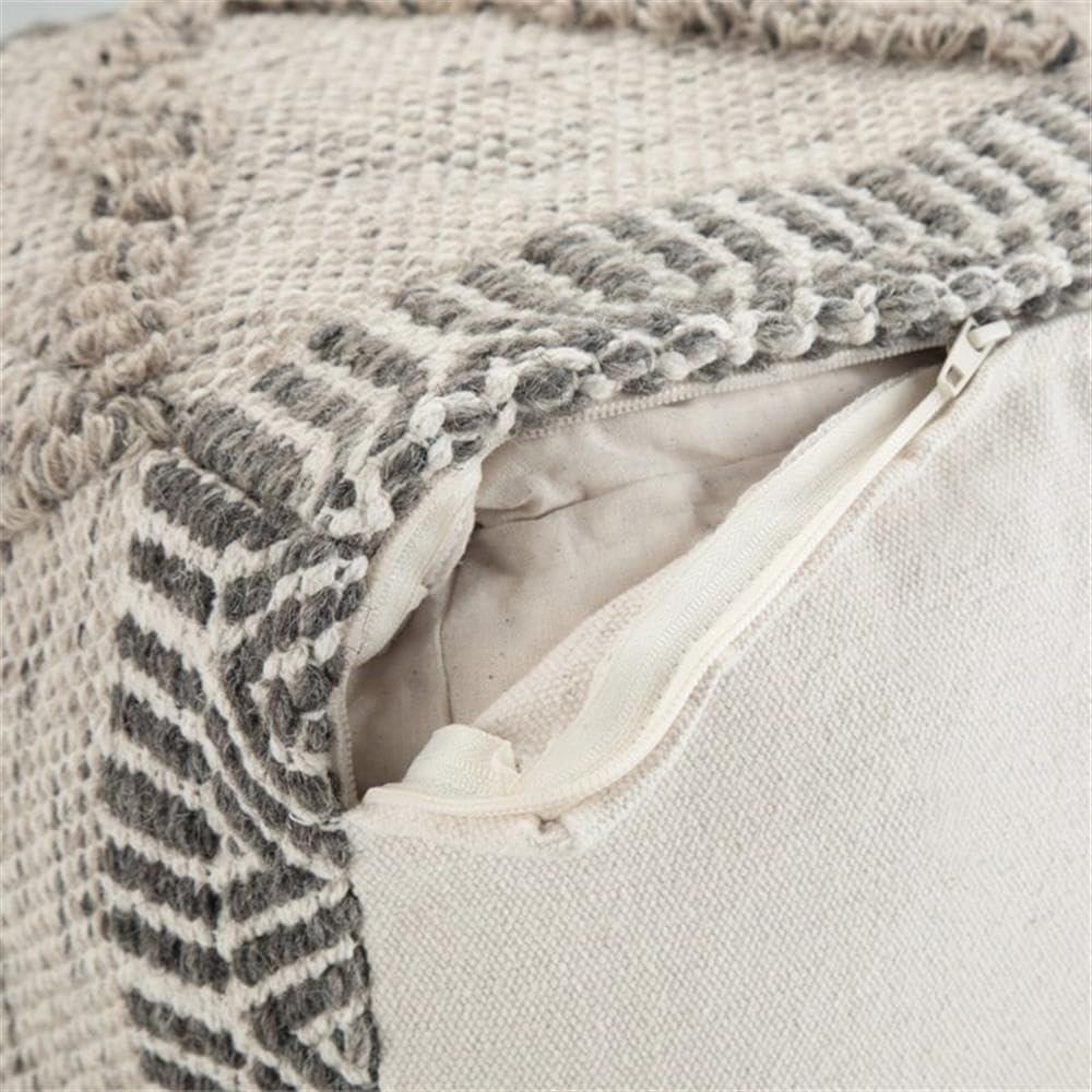 Simpli Home Sweeney Boho Square Pouf in Gray and Natural Handloom Woven Pattern