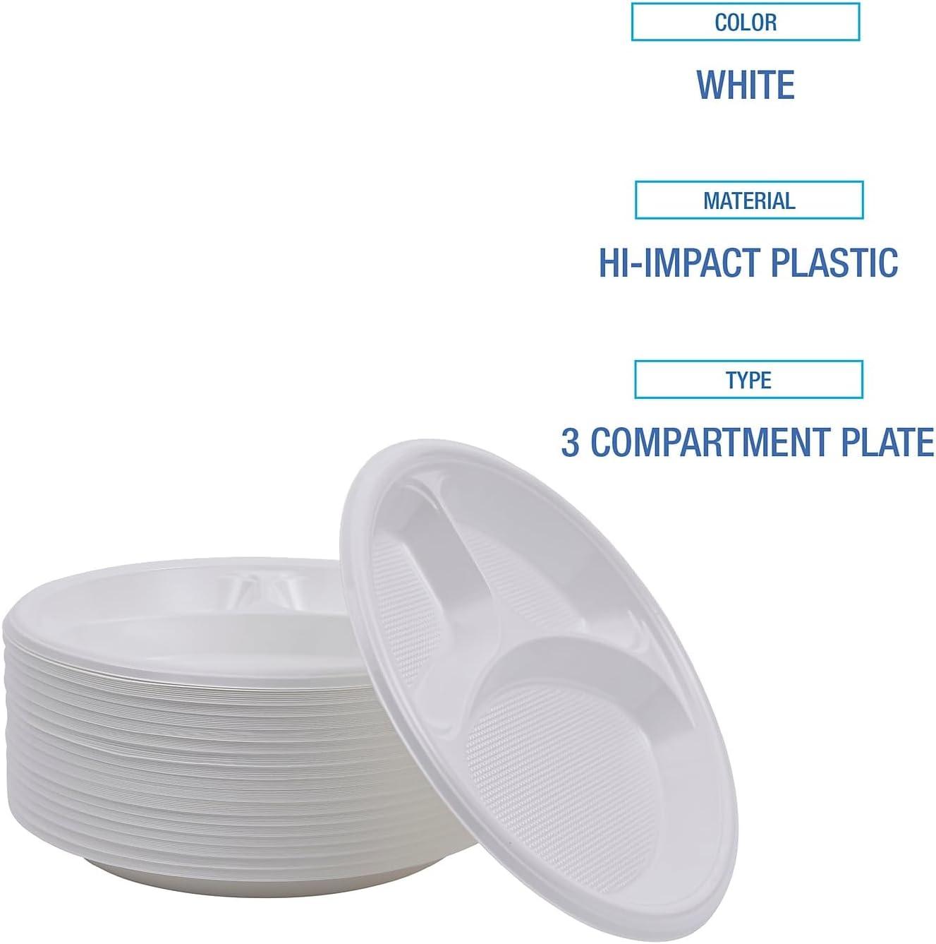 Boardwalk Hi-Impact Round Plastic Plate, 3-Compartment, 10" dia, White, 500/Carton