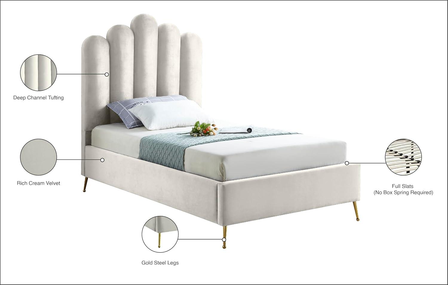 Meridian Furniture Lily Solid Wood and Tufted Velvet Twin Bed in Cream