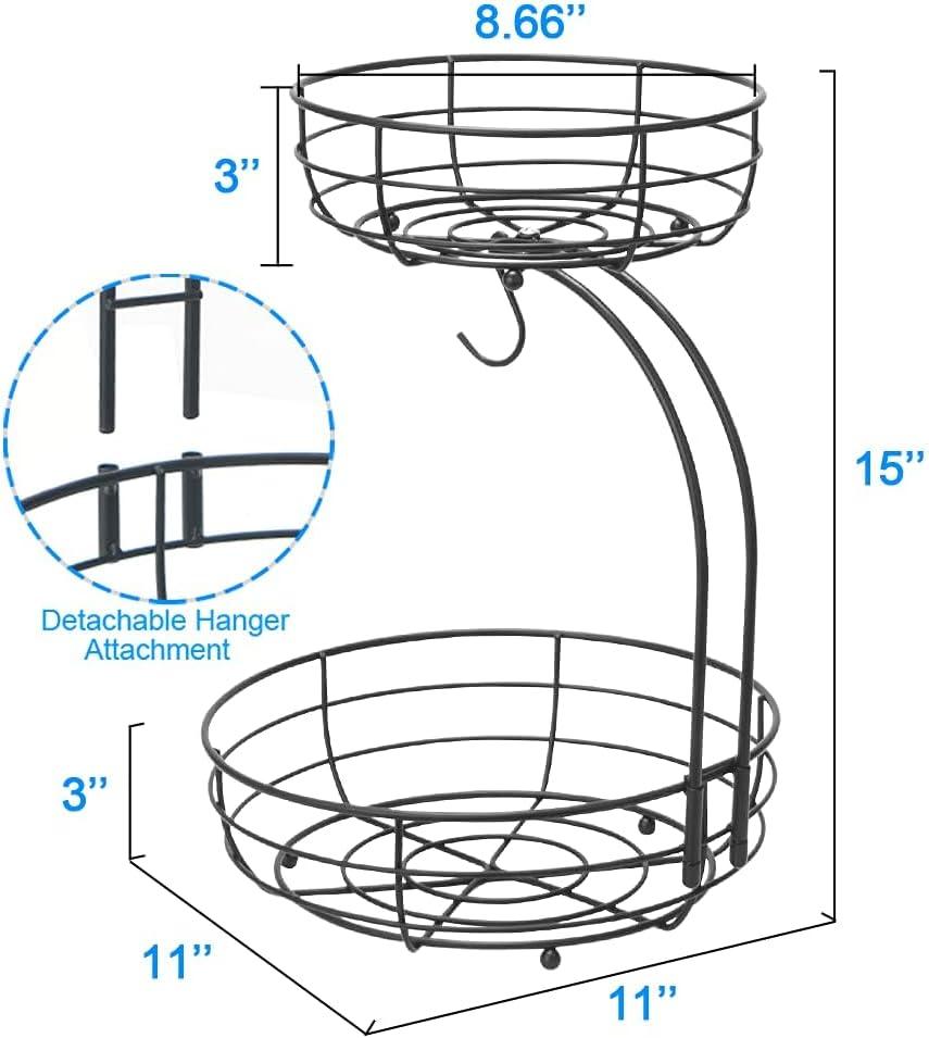 Black Metal 2-Tier Countertop Fruit Basket with Banana Hanger