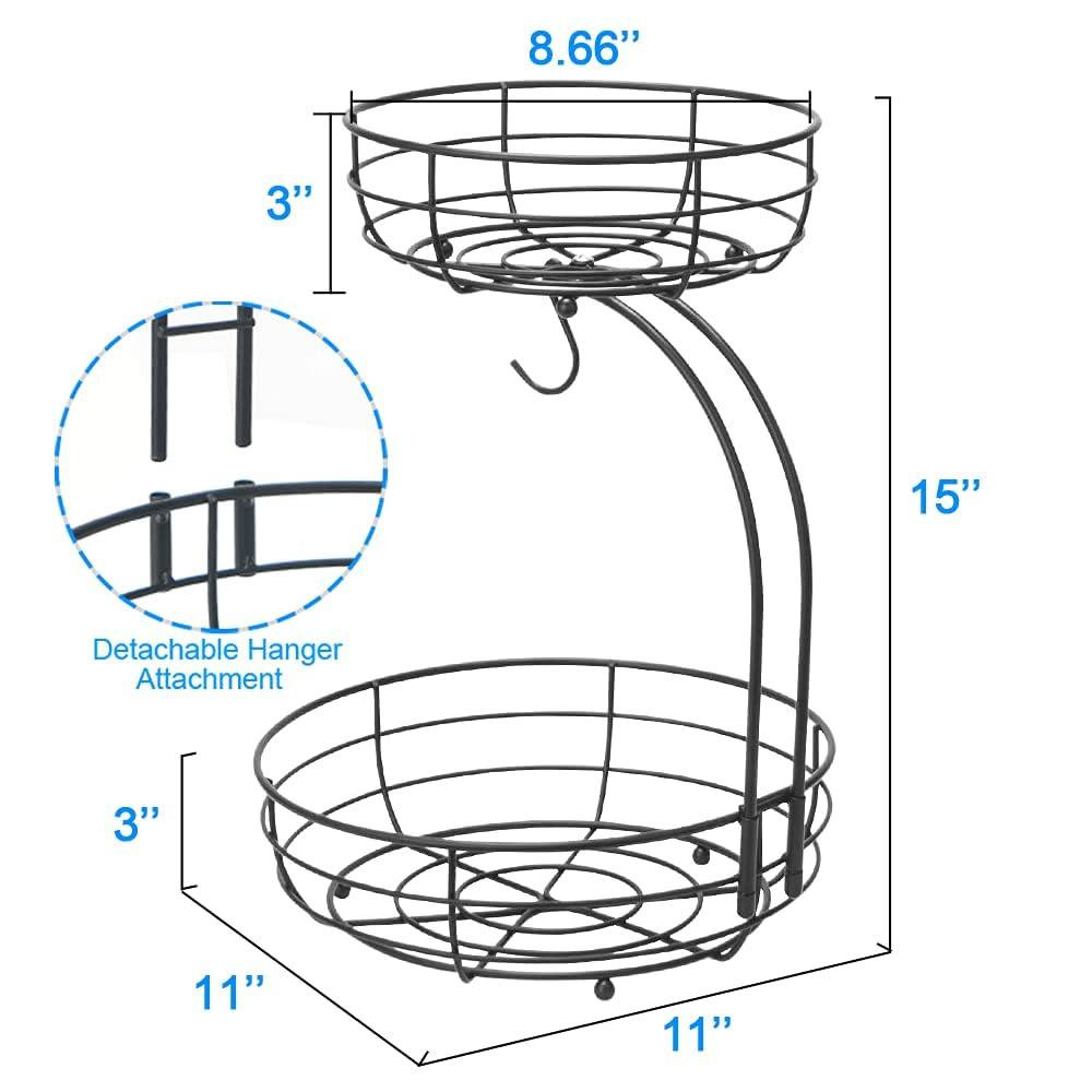 Bextsrack Fruit Basket for Kitchen Countertop, 2-Tier Vegetable Fruit Bowl with Banana Hanger, Black