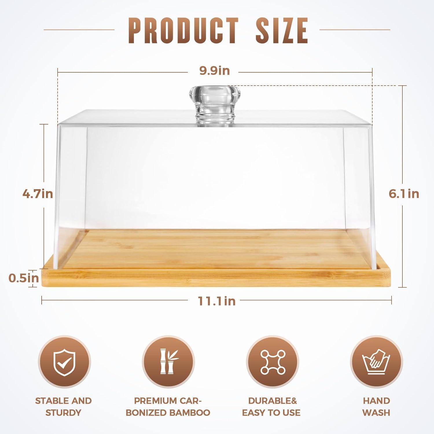 Square Cake Stand with Lid，11in Bamboo Cake Stand with Dome，Dessert Display Stand with Acrylic Cover for Cheese，Pie，Chips & Dips，Serving Platter with Cover for Kitchen/Party/Wedding/Birthday