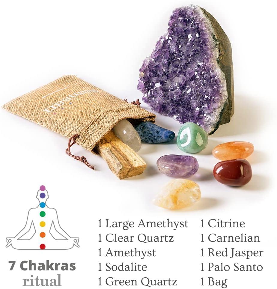 SAMSARI X-Large Amethyst Geode (2 lb to 3 lb) + 7 Chakras Crystal Healing Stones Set (Sodalite, Rock Crystal, Amethyst, Citrine, Carnelian, Red Jasper, Green Quartz), Palo Santo Stick, And Fabric Bag