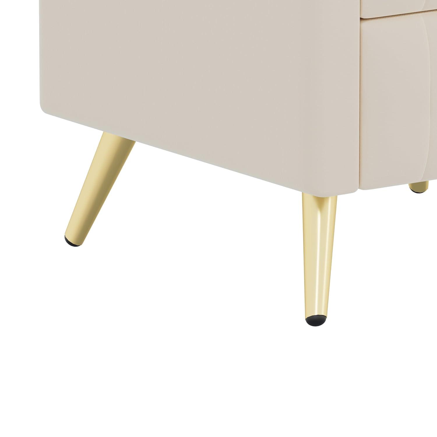 Harper & Bright Designs Upholstered Wooden Nightstand with 3 Drawers and Metal Legs & Handles, Bedside Table with Marbling Worktop, Beige