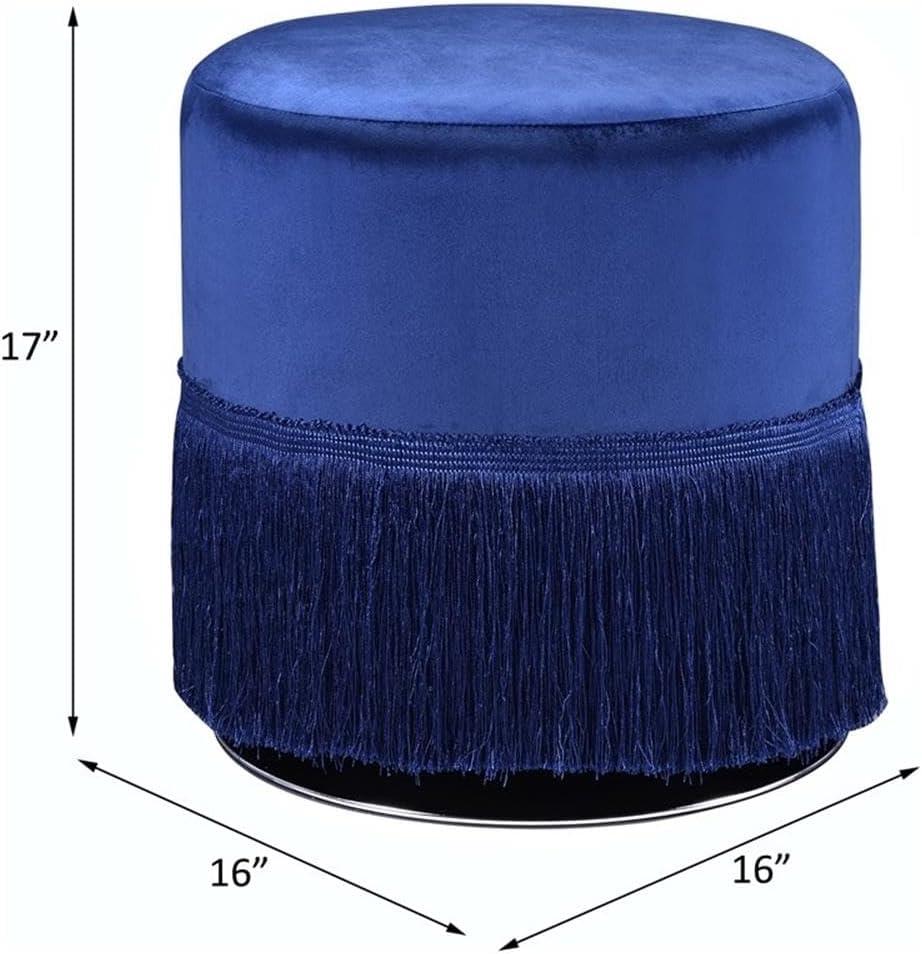 17" Clivia Velvet Ottoman Midnight Blue - Acme Furniture: Cylindrical, Fringe Base, No Assembly