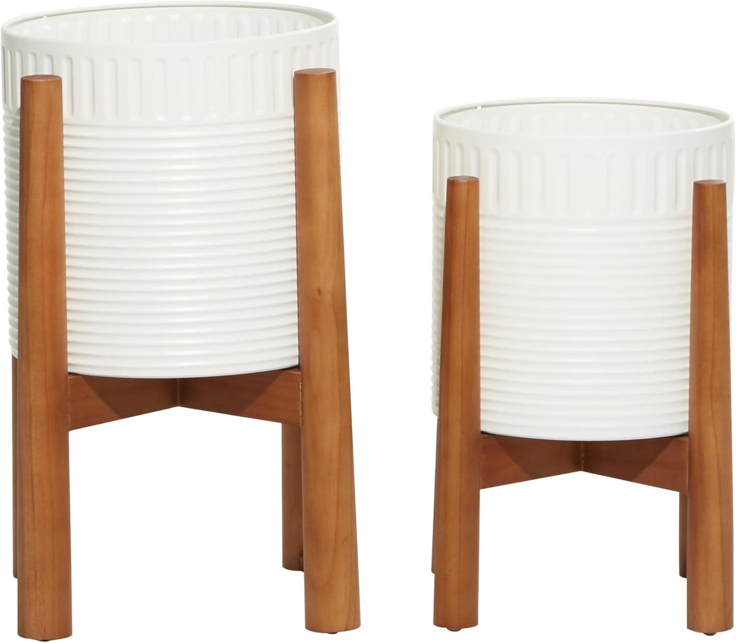 Set of 2 White/Brown Metal & Wood Corrugated Planters - Olivia & May, Indoor/Outdoor, Round, No Assembly