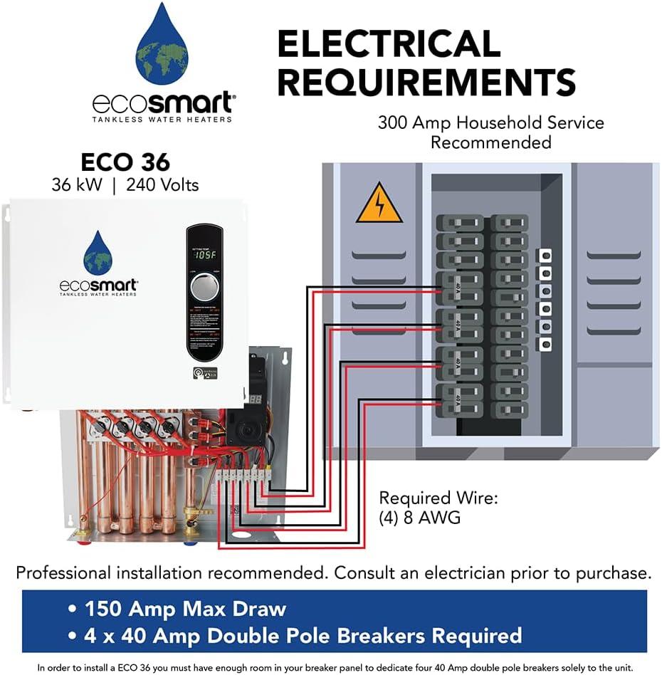 EcoSmart ECO36 36 kW 240V Self-Modulating Electric Tankless Water Heater