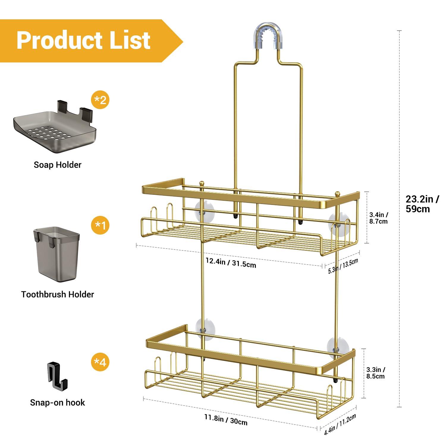 Shower Caddy Hanging Bathroom Organizer: Rustproof Shelf for Inside Shower - No Drilling Racks Over Showerhead - Bath Shelves for Shampoo Soap Gold