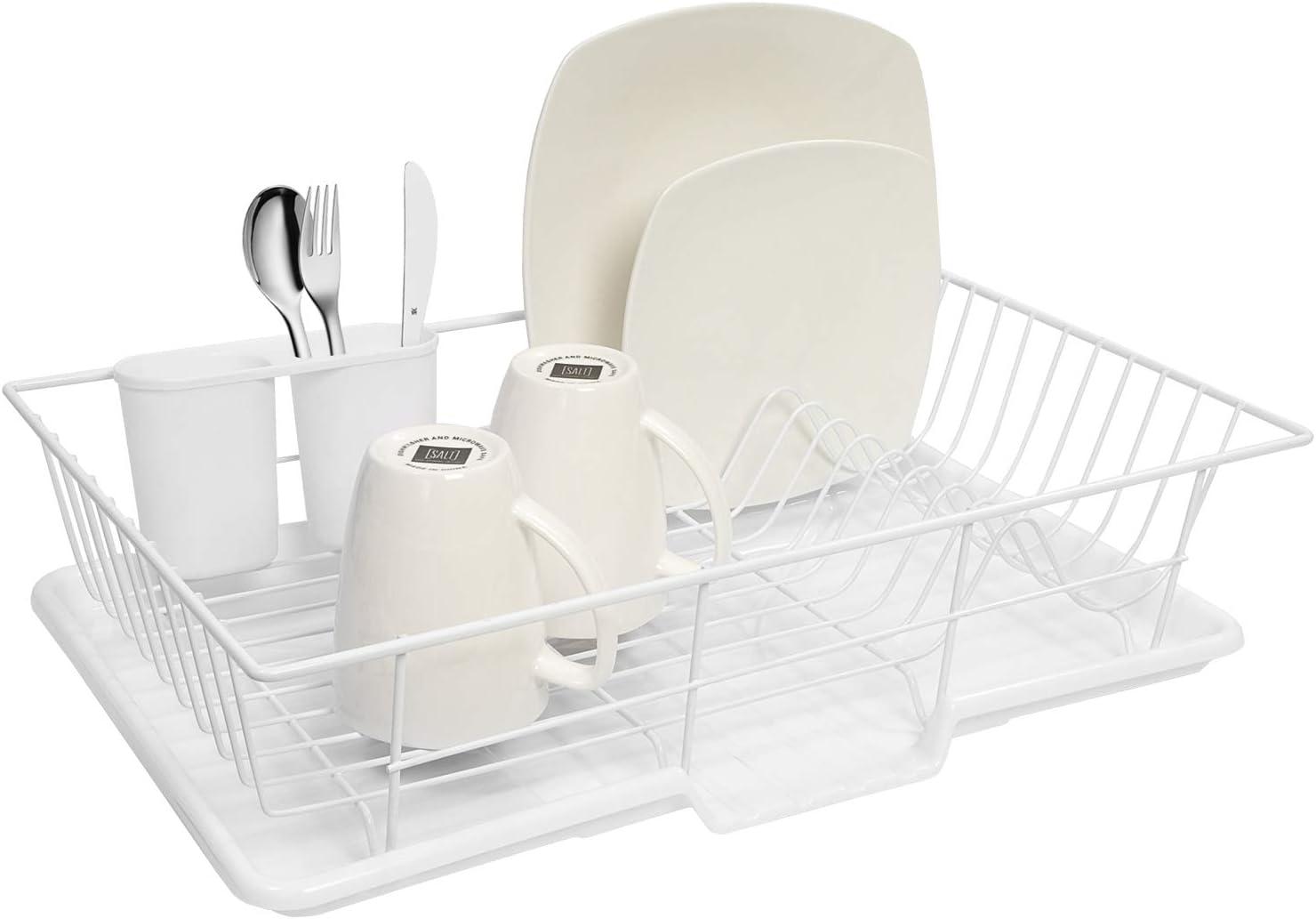 White Metal and Plastic 3-Piece Dish Drainer Set with Utensil Cup