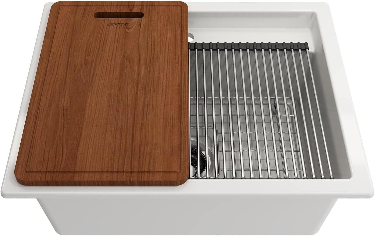 BOCCHI Wooden Cutting Board/Cover For Baveno W/ Handle - Sapele Mahogany For 1633 Sinks (Outer Ledge)