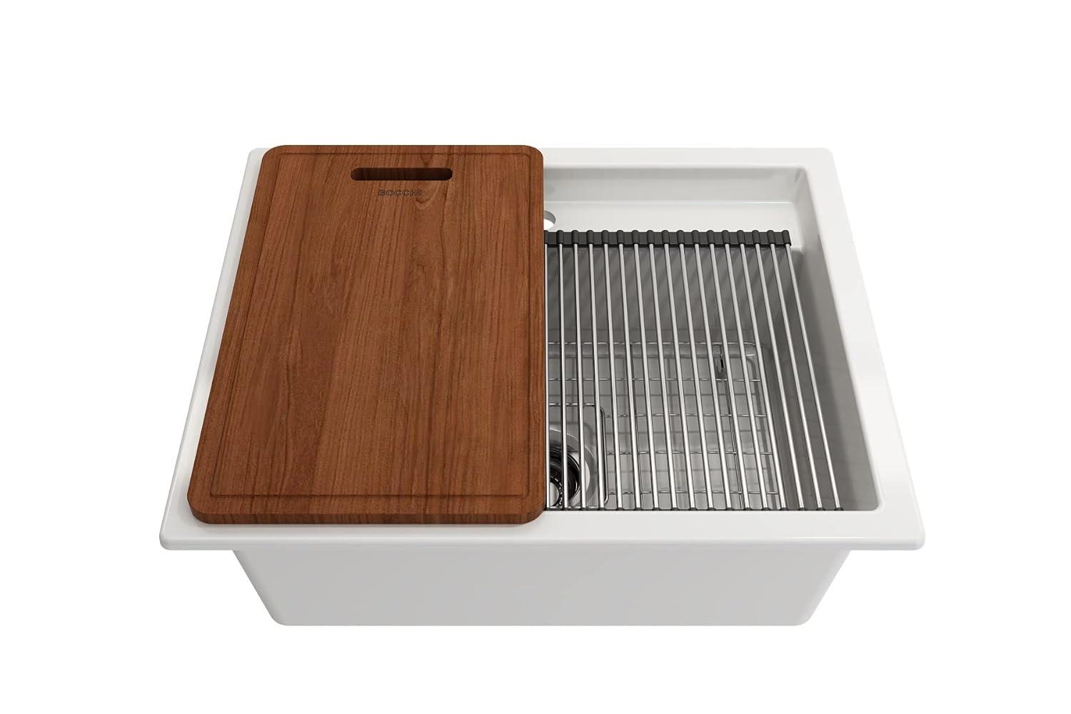 BOCCHI Wooden Cutting Board/Cover For Baveno W/ Handle - Sapele Mahogany For 1633 Sinks (Outer Ledge)