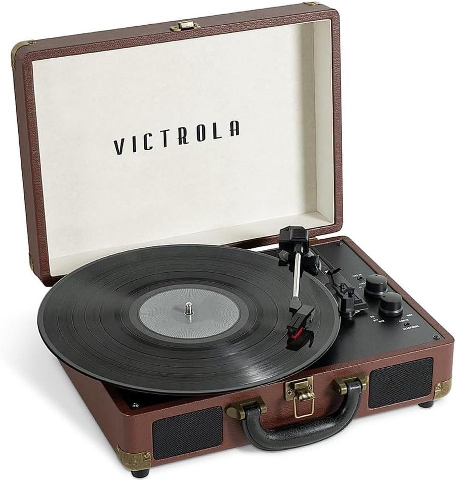 Dark Brown Portable Vintage Bluetooth Suitcase Record Player