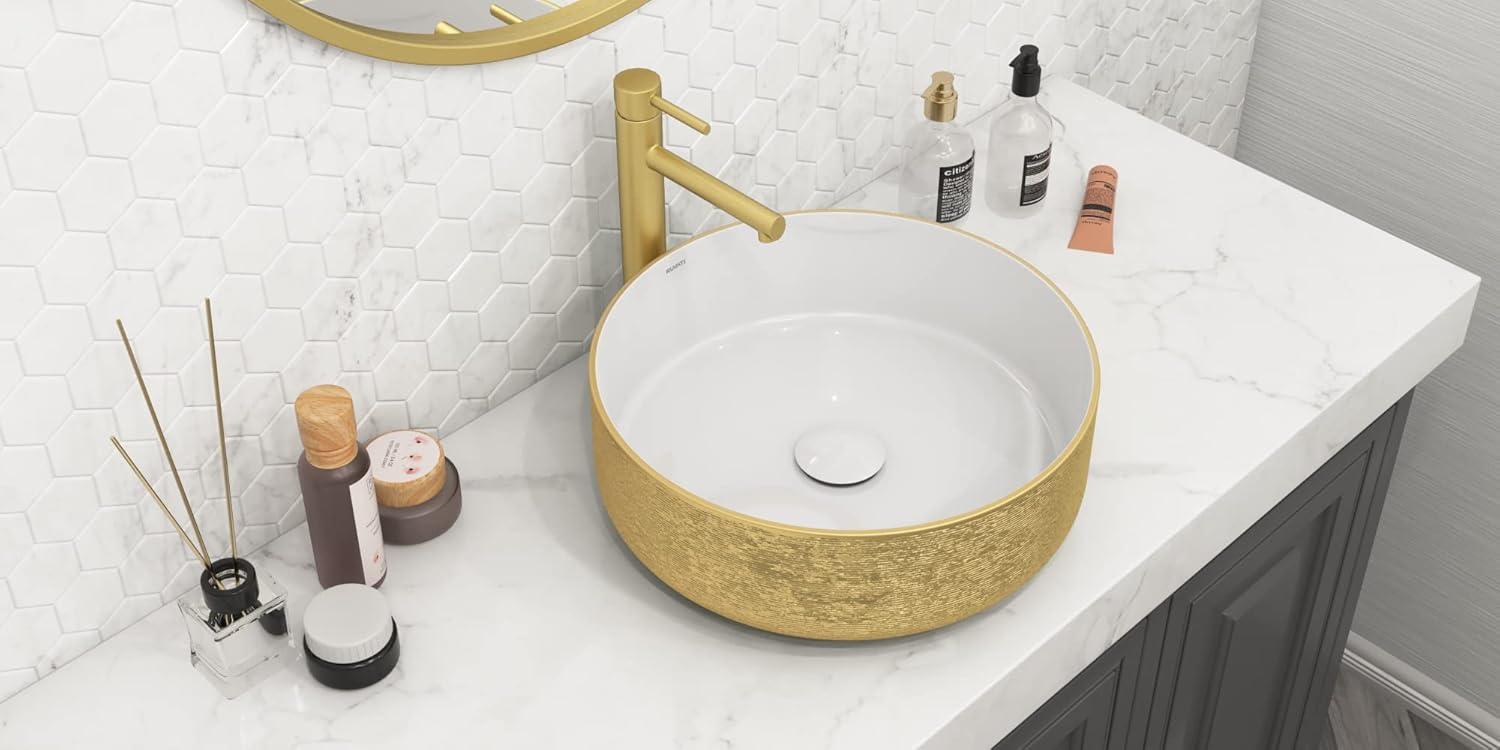 Ruvati 14 inch Bathroom Vessel Sink Round Gold Decorative Art Above Vanity Counter White Ceramic