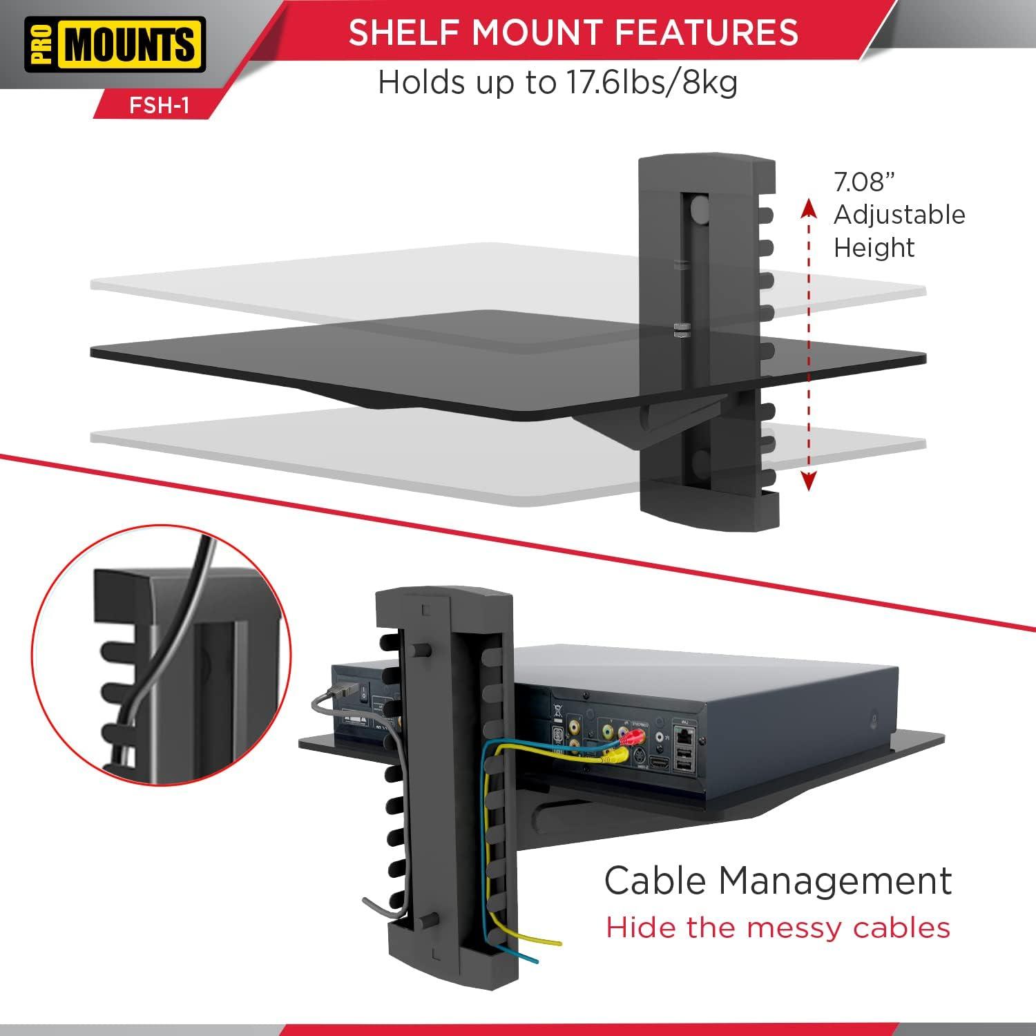 ProMounts Durable AV Wall Shelf, Single Glass, Supports up to 17.6lbs Max Weight