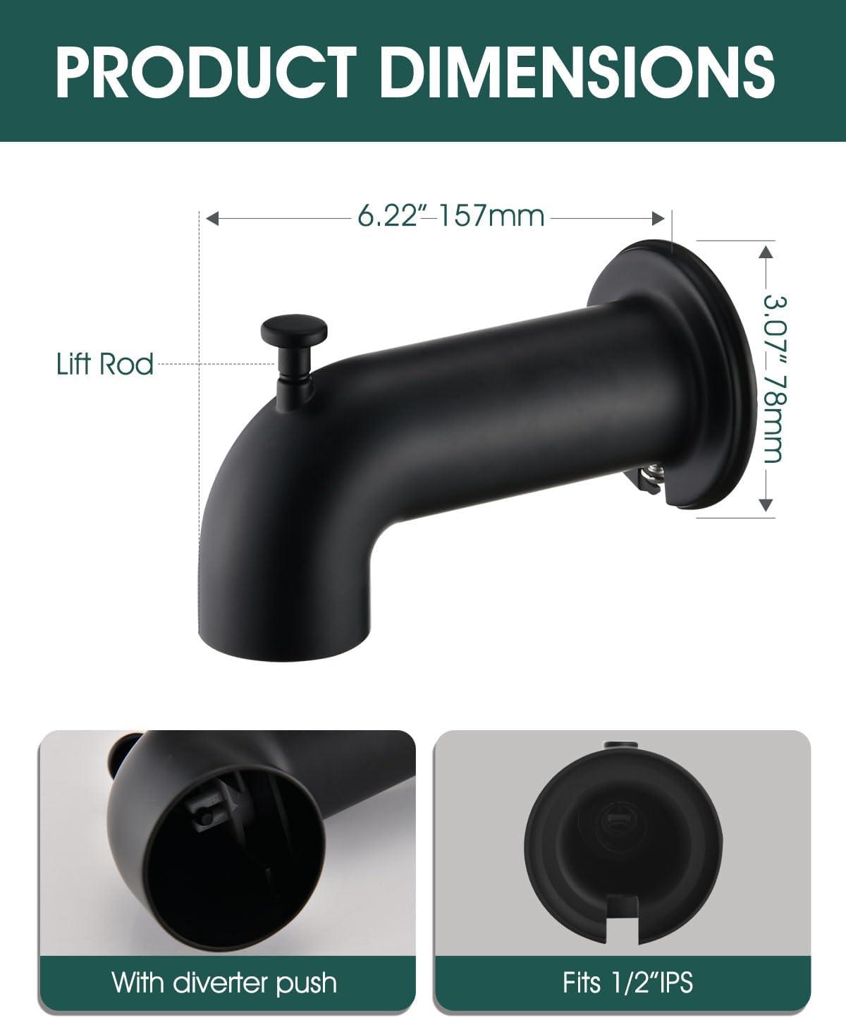 Innovire Extra Long Tub Spout with Diverter, Fits for 1/2" IPS Threads,Matte Black Matte Black