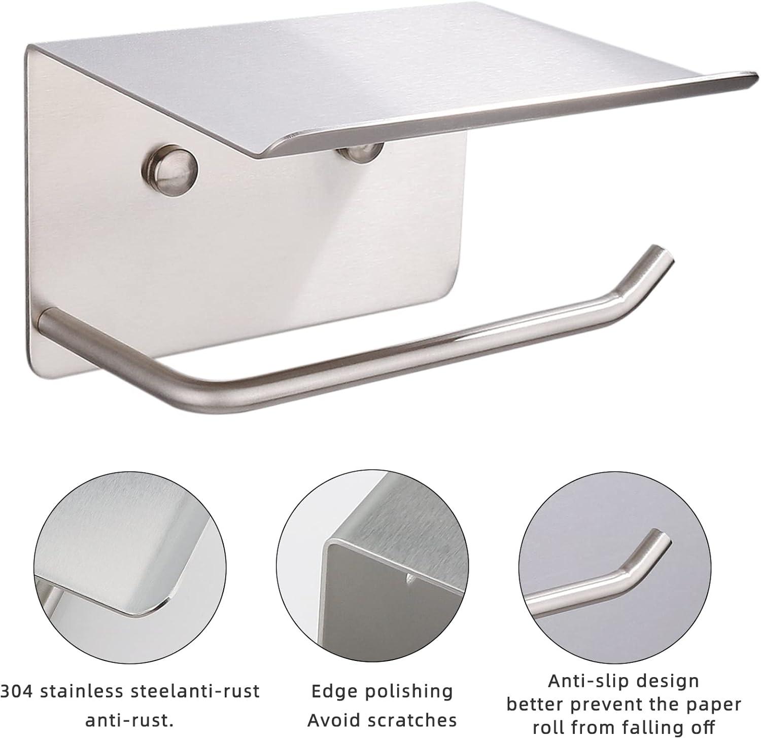 Silver Stainless Steel Toilet Paper Holder with Phone Shelf