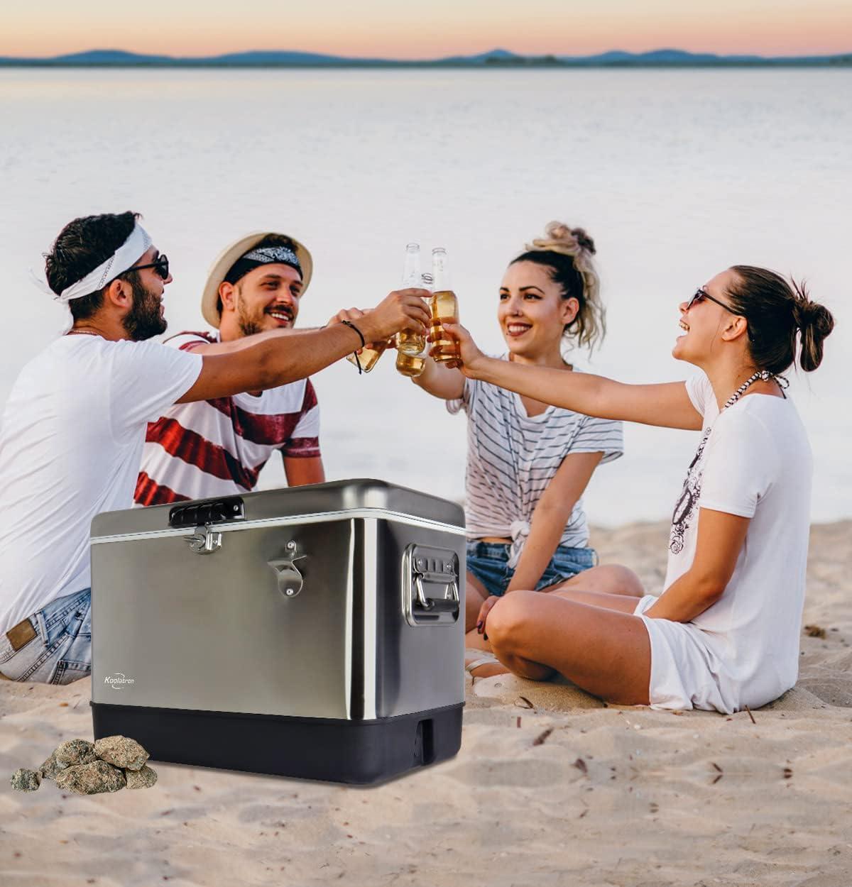 Koolatron Stainless Steel Ice Chest Beverage Cooler with Bottle Opener 51 L / 54 Quart 85 Can Capacity for Camping, Beach, RV, BBQs, Tailgating, Fishing