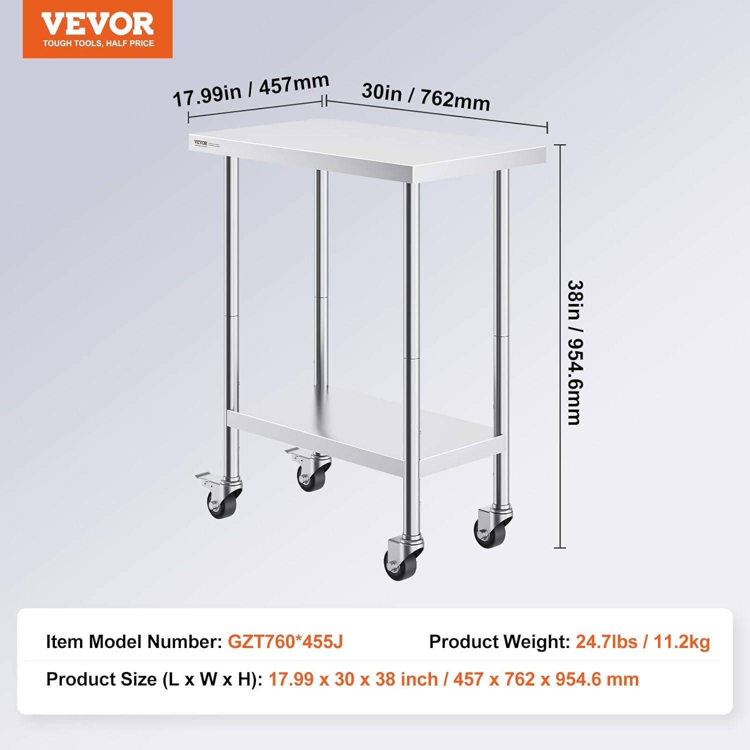 VEVOR Stainless Steel 30'' L x 17.99'' W x 38'' H Work Table