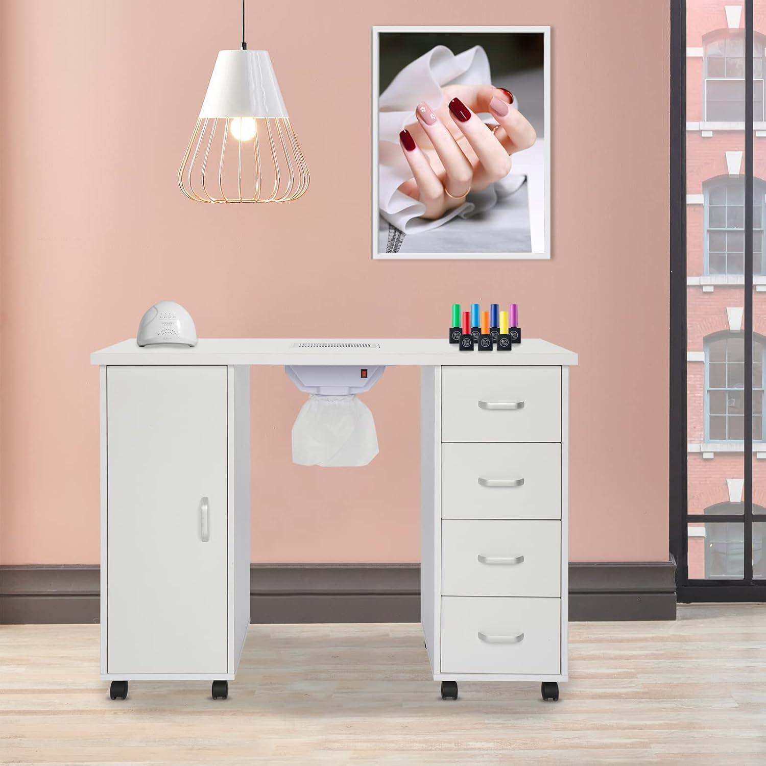 IVV Nail Table Station with Fan - Nail Beauty Spa Salon Desk Workstation with Single Door Cabinet and 4 Drawers - Professional Nail Art Desk - Controllable Wheels and Dust Collector - White