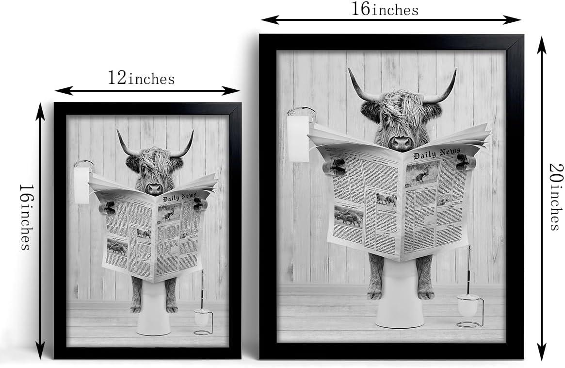 Modern Black Framed Highland Cow Wall Art Minimalist Bathroom Wall Decor Cute Funny Animals Artwork Canvas Prints Ready to Hang for Guest Bathroom, Hotel, Condo, Kids Bathroom, 12”x16”