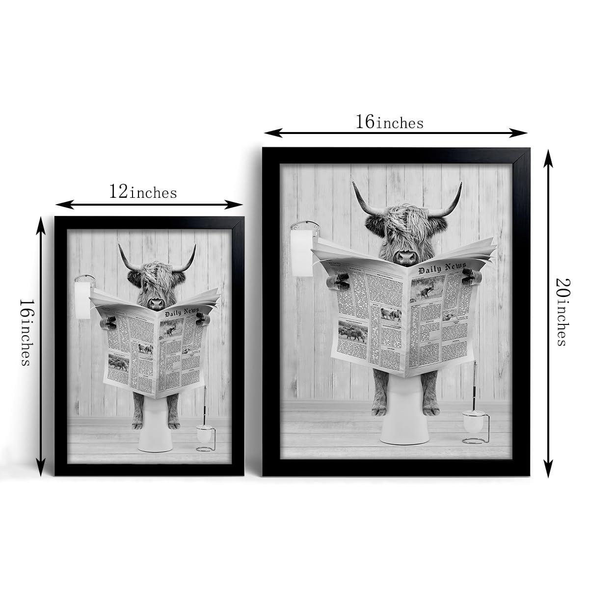 Modern Black Framed Highland Cow Wall Art Minimalist Bathroom Wall Decor Cute Funny Animals Artwork Canvas Prints Ready to Hang for Guest Bathroom, Hotel, Condo, Kids Bathroom, 12”x16”