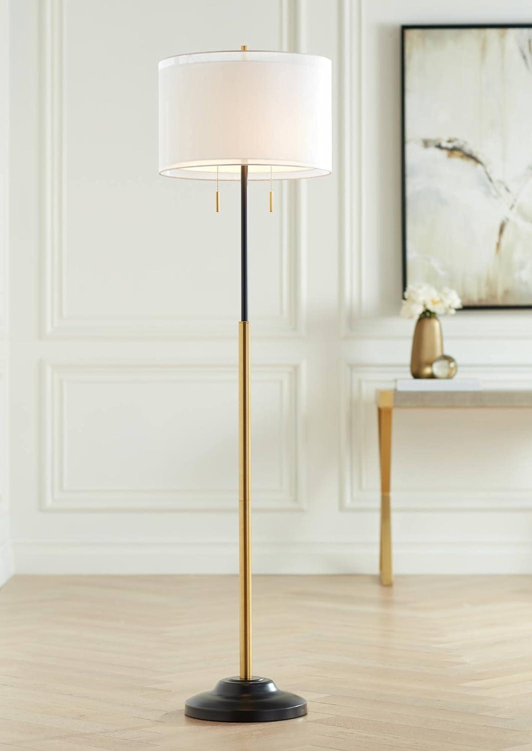 Black and Brass Metal Floor Lamp with Linen Shade