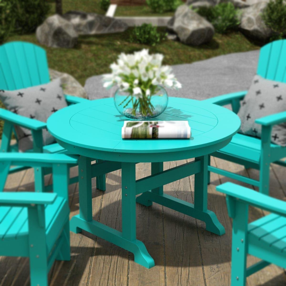 WestinTrends Malibu Patio Dining Table, All Weather Poly Lumber Adirondack 47" Trestle Round Outdoor Table with Umbrella Hole, Turquoise