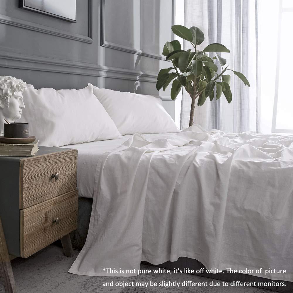 Simple&Opulence Belgian Linen Sheet Set Solid Color - 4 Pieces (1 Flat Sheet, 1 Fitted Sheet & 2 Pillowcases) Natural Flax Cotton Blend Soft Breathable Farmhouse Bedding - Full Size, White