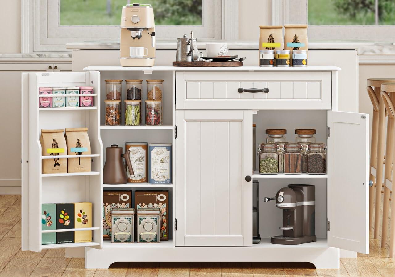White MDF Kitchen Sideboard Buffet Cabinet with Drawer and Shelves