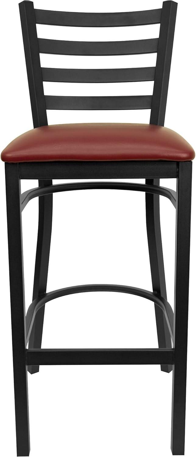 Black Metal Ladder Back Bar Stool with Burgundy Vinyl Seat