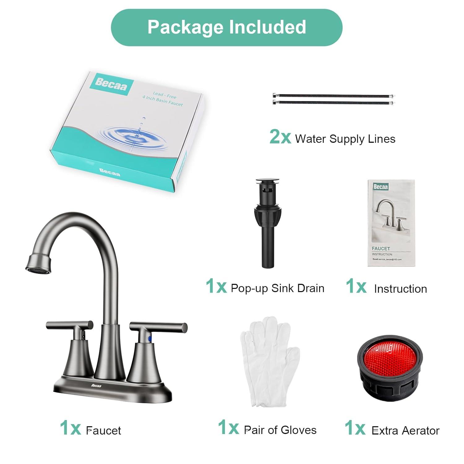 4 Inch Bathroom Faucets for Sink 3 Hole, Faucet for Bathroom Sink with Pop-up Drain & Supply Hoses, 2-Handle 360 Swivel Spout Stainless Steel Lead-Free, Centerset Faucet for Vanity Lavatory
