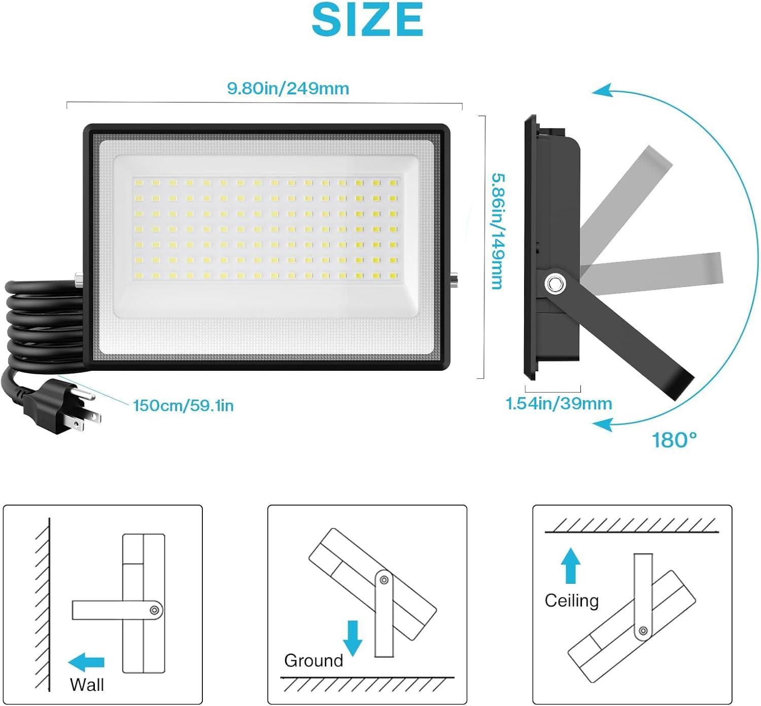 2 Pack 100W LED Flood Light Outdoor, 9000lm LED Work Light with Plug, IP66 Waterproof Exterior Security Lights, 6500K Daylight White Outside Floodlights for Playground Yard Stadium Lawn