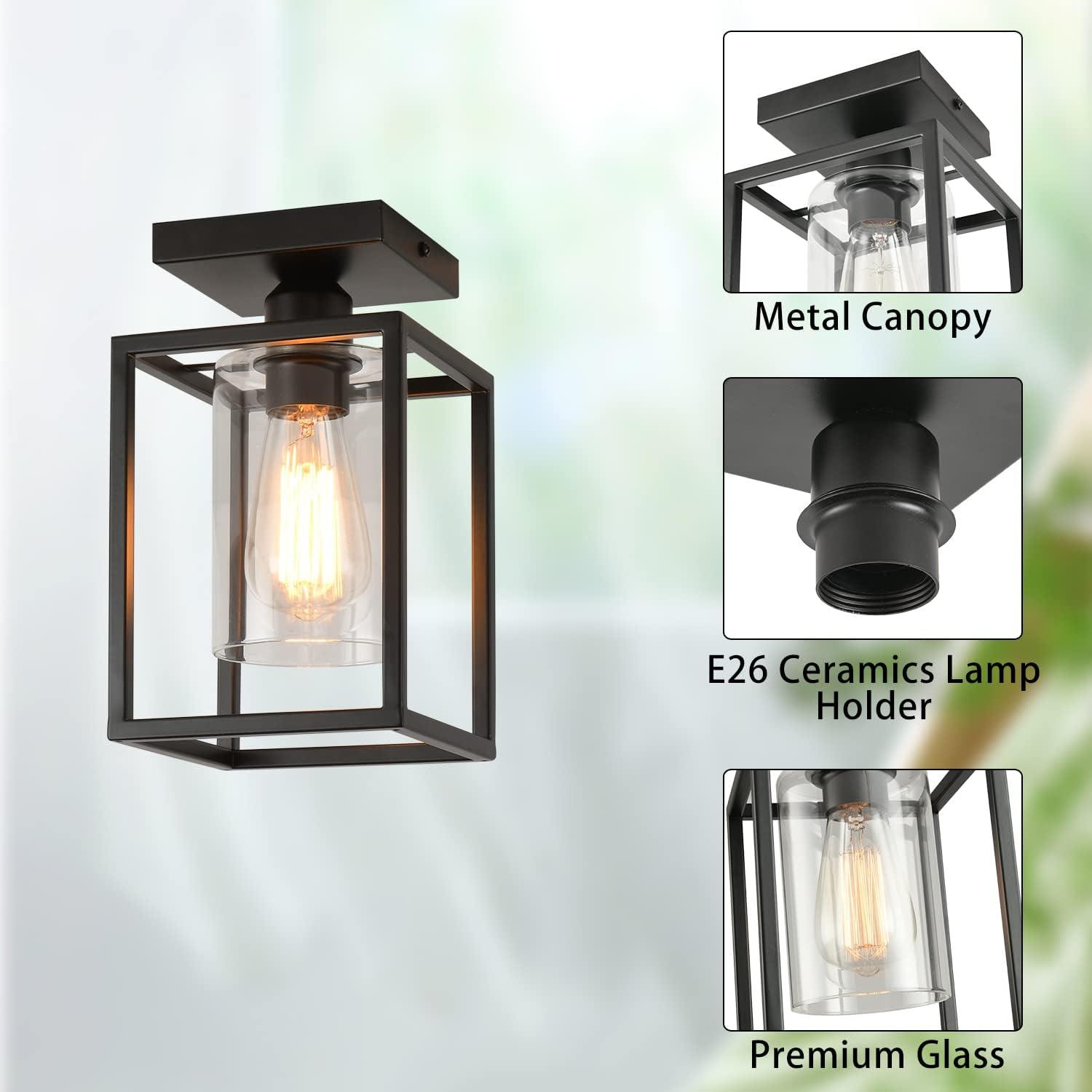 Black Metal Frame Semi-Flush Mount Ceiling Light with Clear Glass Shade