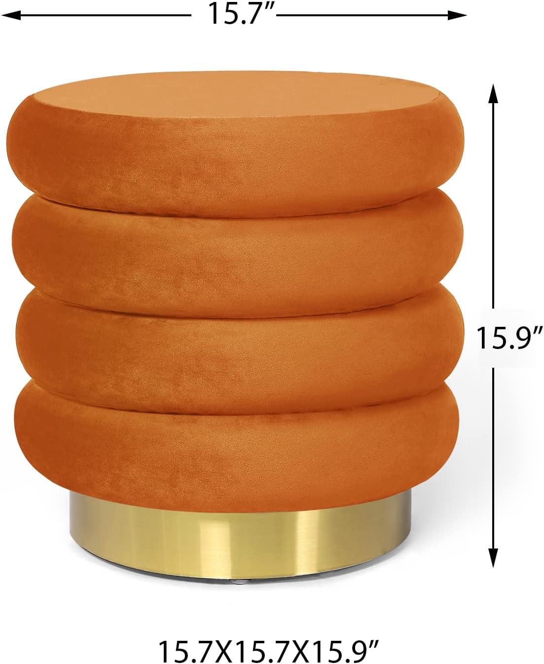 Orange Velvet Round Ottoman with Gold Metal Base