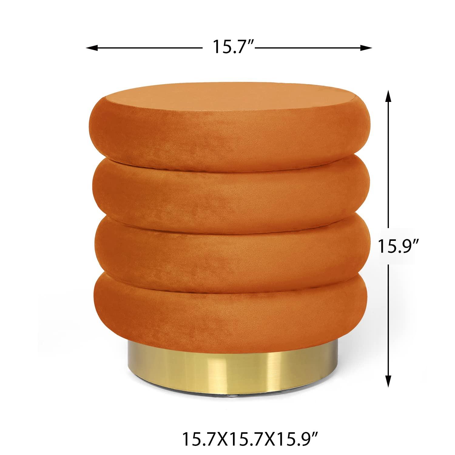 Adeco Round Ottoman Velvet Vanity Stool Chair with Metal Base, Modern Padded Footrest Stool Seat Footstool for Living Room Bedroom,Orange